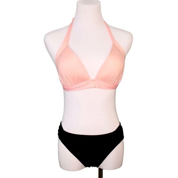 Mossimo Pink Black Halter Padded Bikini Swimsuit LARGE Swimwear Beach Retro‎ - Picture 1 of 13